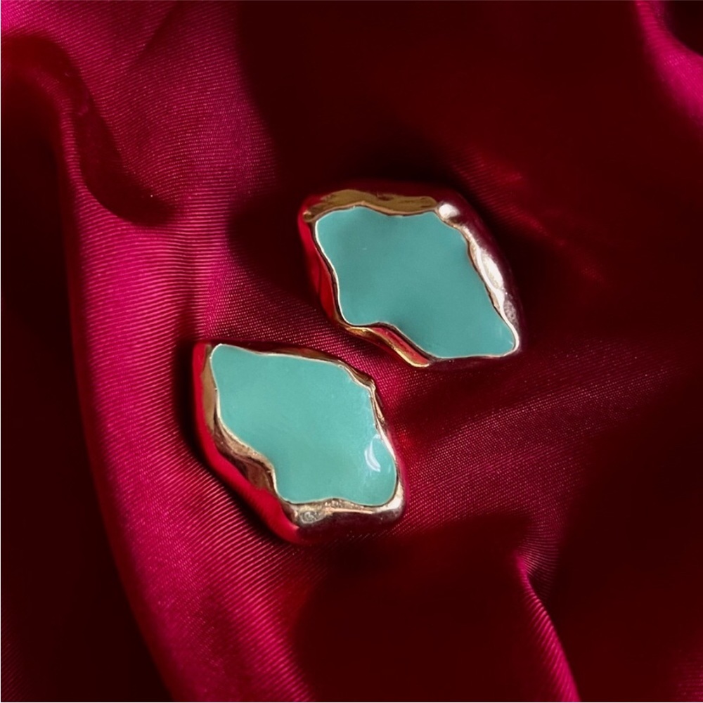 Jade enamel earrings vintage Trifari teal green bold clip on statement